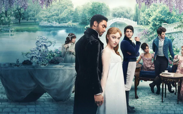 A captivating HD wallpaper featuring characters from the TV show Bridgerton, set against a lush garden backdrop, blending elegance and drama.