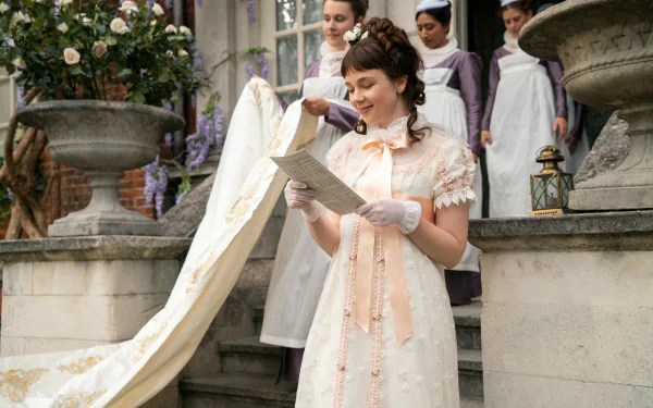 HD desktop wallpaper of a Bridgerton scene with a woman reading a letter, surrounded by others in period costumes.