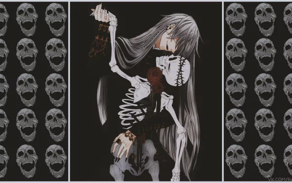Undertaker (Black Butler) anime wallpaper: pale, long‑haired undertaker in skeletal attire holding a skull against a black background with repeating skull motif — 4K Ultra HD PC desktop background.