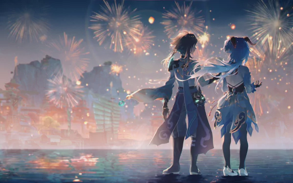 HD desktop wallpaper featuring Xiao and Ganyu from Genshin Impact, depicted under a dazzling firework-lit sky by a serene waterbody.