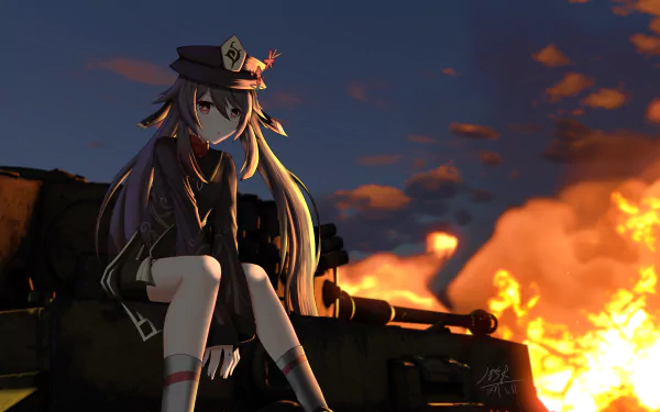 Hu Tao from Genshin Impact sits on a tank with a fiery explosion in the background, rendered in 8K Ultra HD for a dramatic PC desktop wallpaper.