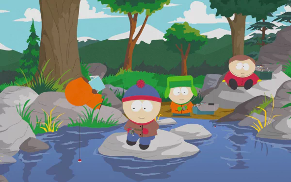 HD PC desktop wallpaper featuring Kenny McCormick, Kyle Broflovski, Eric Cartman, and Stan Marsh from the TV show South Park by a peaceful forest stream.