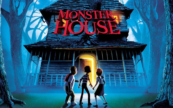 HD PC desktop wallpaper/background from the movie Monster House: three kids stand at a glowing doorway of a spooky, animated house in moonlit woods.