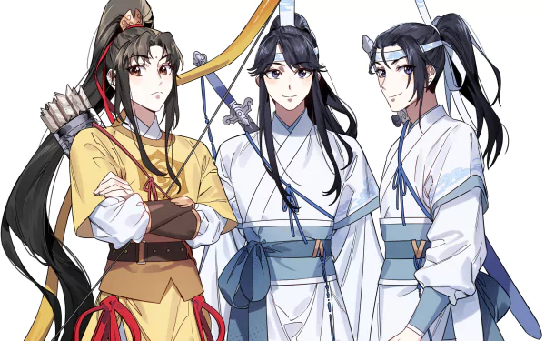 HD anime wallpaper featuring Jin Ling, Lan Sizhui, and Lan Jingyi from Mo Dao Zu Shi, each dressed in detailed traditional attire with distinct expressions.