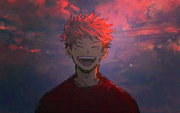 HD desktop wallpaper featuring Yuji Itadori from the anime Jujutsu Kaisen, showcasing him smiling against a vibrant, colorful sky background.