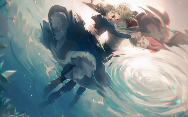 Sophie Hatter and Howl Jenkins Pendragon embrace amid swirling magic, anime-style Howl's Moving Castle scene, vibrant HD PC desktop wallpaper