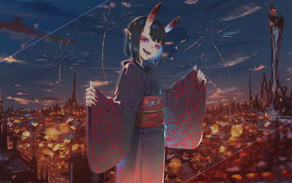 Shuten Dōji (Fate/Grand Order) anime character in a kimono with horns, smiling amid fireworks above a lantern-lit city — 4K Ultra HD PC desktop wallpaper/background.