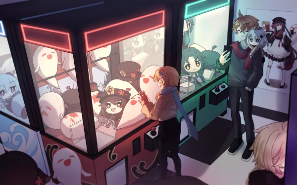 Characters from Genshin Impact, including Qiqi, Xiao, Tartaglia Childe, Paimon, Lumine, Hu Tao, Ganyu, and Aether, are depicted in a vibrant HD wallpaper featuring an arcade crane game.