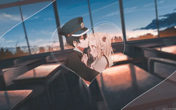 A 4K Ultra HD PC desktop wallpaper featuring Yashiro Nene and Hanako-kun from the anime Toilet-bound Hanako-kun in a picture-in-picture heart-shaped frame inside a classroom.
