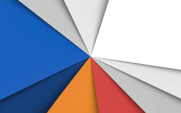 Abstract geometric design with sharp, colorful triangular shapes in blue, orange, red, and white tones, rendered in 8K Ultra HD for a vibrant PC desktop wallpaper.