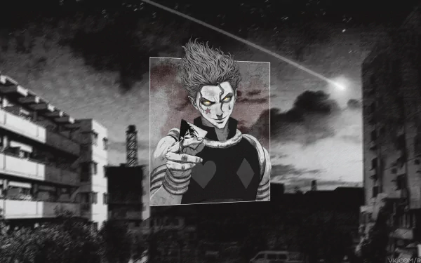 4K Ultra HD PC wallpaper: picture-in-picture composition with Hisoka (Hunter × Hunter) portrait inset over a moody monochrome urban skyline, dramatic lighting and noir atmosphere.