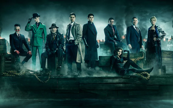 4K Ultra HD desktop wallpaper featuring the main characters from Gotham TV Show standing and sitting on a dock against a moody, foggy cityscape background.