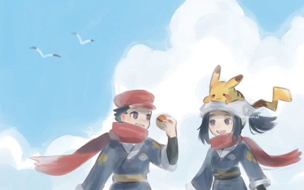 Rei (Pokémon) Akari (Pokémon) Pikachu hat scarf pokeball sky Pokemon video game Pokémon Legends: Arceus HD Desktop Wallpaper | Background Image