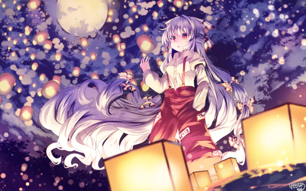 Fujiwara no Mokou (Touhou) anime character beneath a full moon and floating lanterns, vibrant 4K Ultra HD PC desktop wallpaper and background.