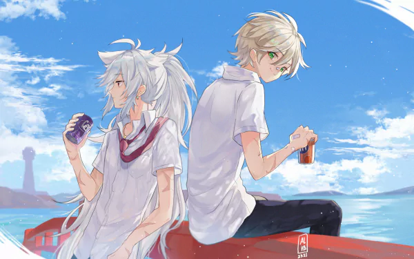 HD PC desktop wallpaper featuring Razor and Bennett from the video game Genshin Impact, set against a bright blue sky with clouds.