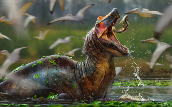 HD PC desktop wallpaper featuring a dynamic scene of a dinosaur emerging from water, surrounded by flying birds in a prehistoric environment.