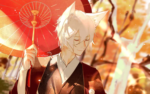Tomoe (Kamisama Kiss) anime: white‑haired fox‑eared yokai in a kimono holding a red umbrella amid golden autumn light — HD PC desktop wallpaper background.