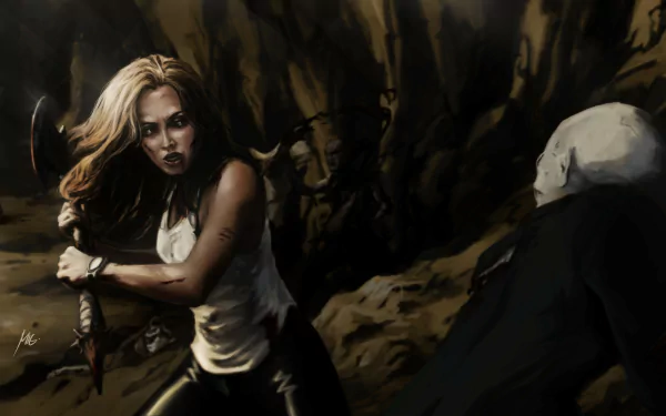 Dramatic 4K Ultra HD PC desktop wallpaper of Faith Lehane from the TV show Buffy the Vampire Slayer, gripping a stake in a shadowy cave confronting a cloaked figure.