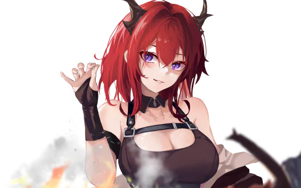 Surtr (Arknights) video game character with red hair and purple eyes, horns and black outfit against a smoky white backdrop — 2K Quad HD PC desktop wallpaper.