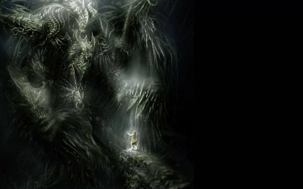 Dark, eerie wallpaper featuring a monstrous creature's face emerging from the shadows. A small, glowing figure stands in front of the towering, mysterious entity.