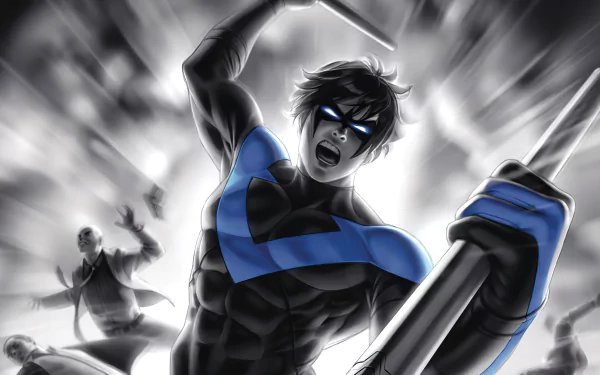 5K Ultra HD PC desktop wallpaper of Dick Grayson (Nightwing) from DC Comics: leaping toward viewer with blue V emblem and escrima staff amid a dramatic monochrome action blur.