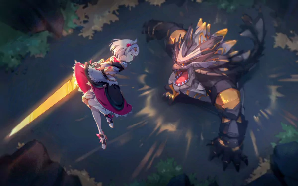 HD desktop wallpaper of Noelle from Genshin Impact, wielding a large sword, in dynamic battle pose against a fierce creature in a forest setting.