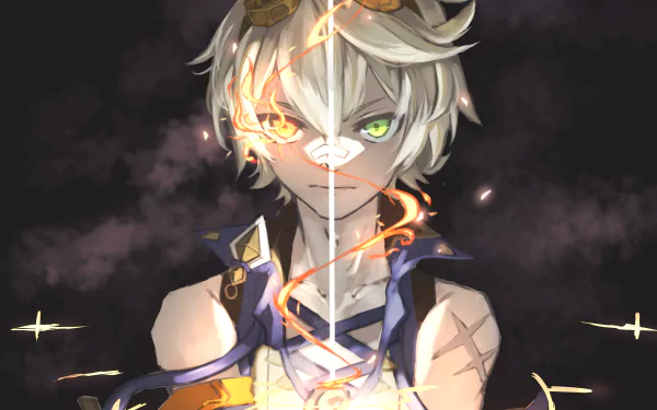 Bennett (Genshin Impact) close-up with grey hair and heterochromia — one green eye, one fiery orange — glowing embers and sigils, 2K Quad HD PC desktop wallpaper.