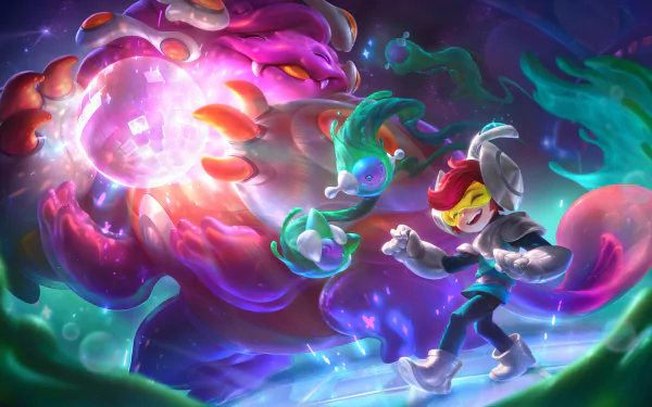 4K Ultra HD League of Legends wallpaper featuring Willump and Nunu in vibrant, dynamic action within a cosmic, colorful environment.