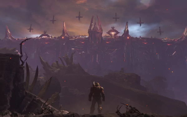 DOOM Eternal video game 4K Ultra HD PC desktop wallpaper: armored Slayer stands on a ruined hellscape, facing a distant fortress beneath a blood-red sky streaked with flying warcraft.