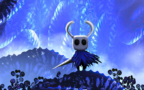 Hollow Knight video game 4K Ultra HD PC desktop wallpaper: horned knight stands on a rocky outcrop against a glowing blue cavern backdrop with silhouetted mushrooms.