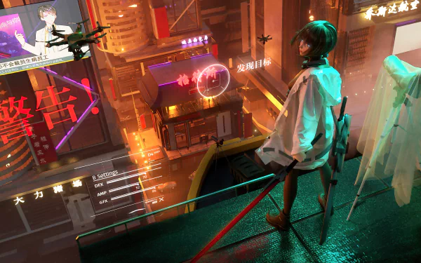 Cyberpunk sci‑fi 4K Ultra HD PC desktop wallpaper: lone figure on a rooftop beside a hovering drone, neon signs and holographic HUD over a rain‑slick futuristic cityscape.