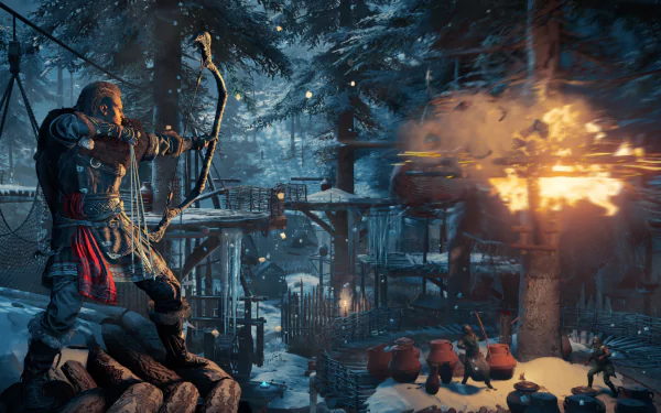 Eivor from Assassin's Creed Valhalla aims a bow in a snowy village at night, depicted in a detailed 4K Ultra HD PC desktop wallpaper from the video game Assassin's Creed.