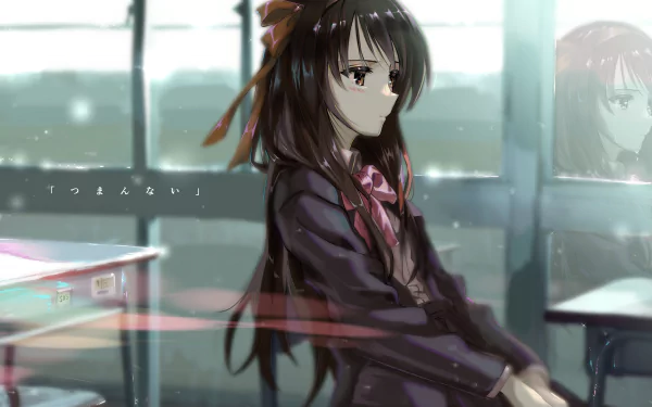 Haruhi Suzumiya from The Melancholy of Haruhi Suzumiya sits contemplatively by a rainy classroom window, soft light on her face — 4K Ultra HD anime PC desktop wallpaper.