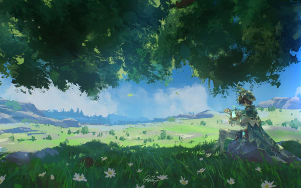 HD desktop wallpaper featuring Venti from Genshin Impact, seated under a tree in a vast, lush green field with flowers, under a bright blue sky.