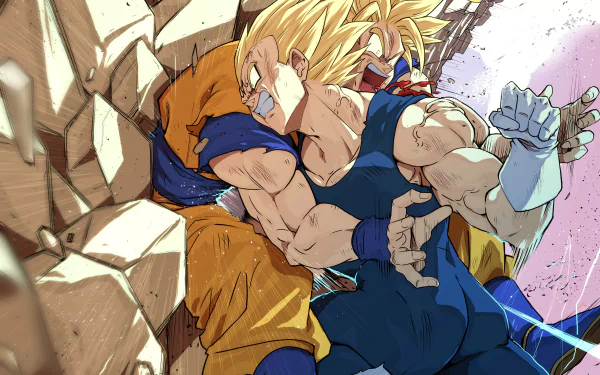 Dynamic 4K Ultra HD anime wallpaper featuring Goku and Vegeta from Dragon Ball in intense combat, showcasing vibrant colors and detailed character art.