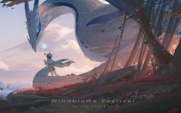 HD desktop wallpaper from Genshin Impact featuring Venti and Dvalin celebrating the Windblume Festival, set in a whimsical landscape.