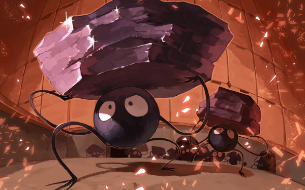 HD desktop wallpaper featuring characters from the anime Spirited Away, depicting soot sprites carrying large chunks of coal in an underground setting.