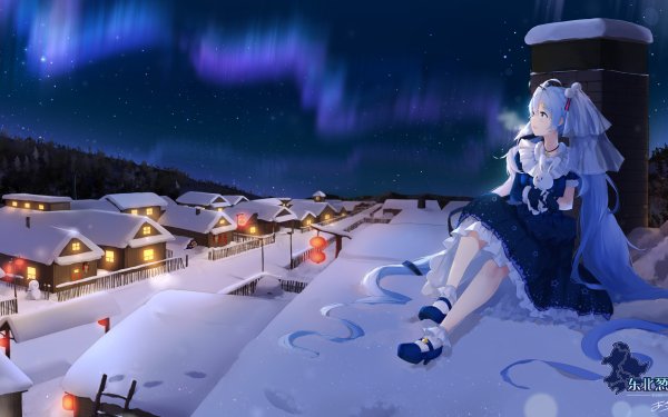 Anime Vocaloid Hatsune Miku Long Hair Night Sky Snow Twintails Winter Blue Hair HD Wallpaper | Background Image