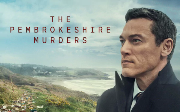 HD wallpaper featuring Luke Evans from The Pembrokeshire Murders with a scenic coastal backdrop.
