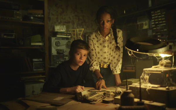 HD desktop wallpaper from Secrets of Sulphur Springs featuring two characters examining clues in a dimly lit room.