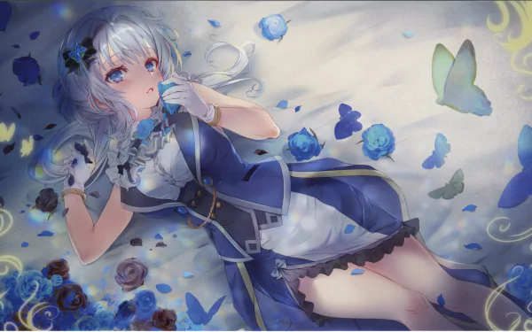 Mitama Yakumo from Puella Magi Madoka Magica reclining amid blue roses and butterflies in an 8K Ultra HD PC desktop wallpaper background.