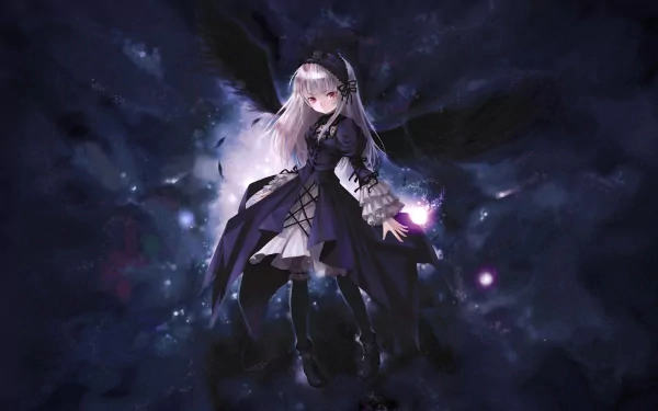 HD desktop wallpaper featuring Suigintou from Rozen Maiden, depicted with wings in a dark, starry background, exemplifying the anime's aesthetic.