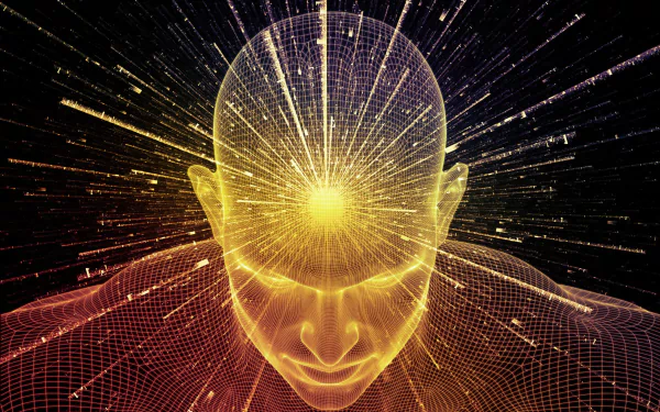 A striking HD desktop wallpaper featuring an artistic representation of a human head, illuminated with radiant light and dynamic energy emanating from the forehead.