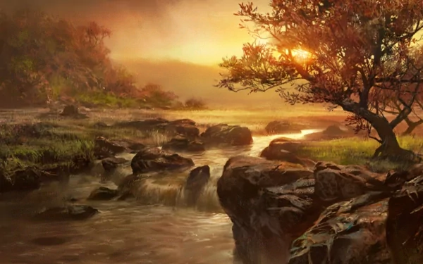 HD wallpaper of a serene landscape featuring a flowing river and a gentle waterfall. The scene is bathed in the warm glow of the setting sun, highlighting lush greenery and autumnal trees.