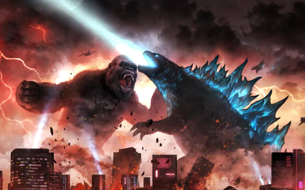 4K Ultra HD wallpaper featuring an epic battle between Godzilla and King Kong from the movie Godzilla vs Kong, set against a fiery cityscape background.