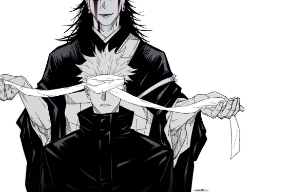 HD PC desktop wallpaper featuring Satoru Gojo and Suguru Geto from the anime Jujutsu Kaisen, showcasing Gojo blindfolded with Geto behind him.