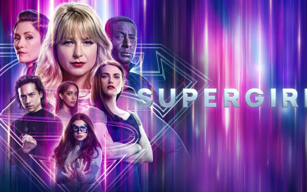 4K Ultra HD PC desktop wallpaper: Supergirl TV show ensemble portraits over neon purple-pink streaked background, featuring the Supergirl emblem and glowing title.