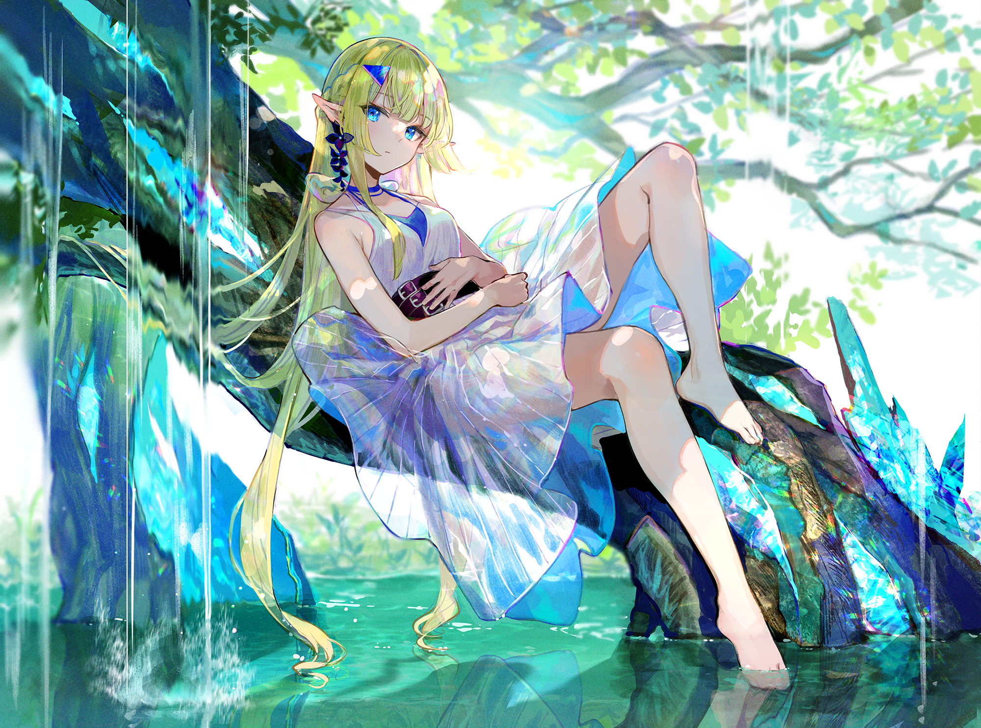 Download Feet Legs Blonde Blue Eyes Water Elf Barefoot Long Hair Anime Girl  Anime Girl HD Wallpaper by 藤原