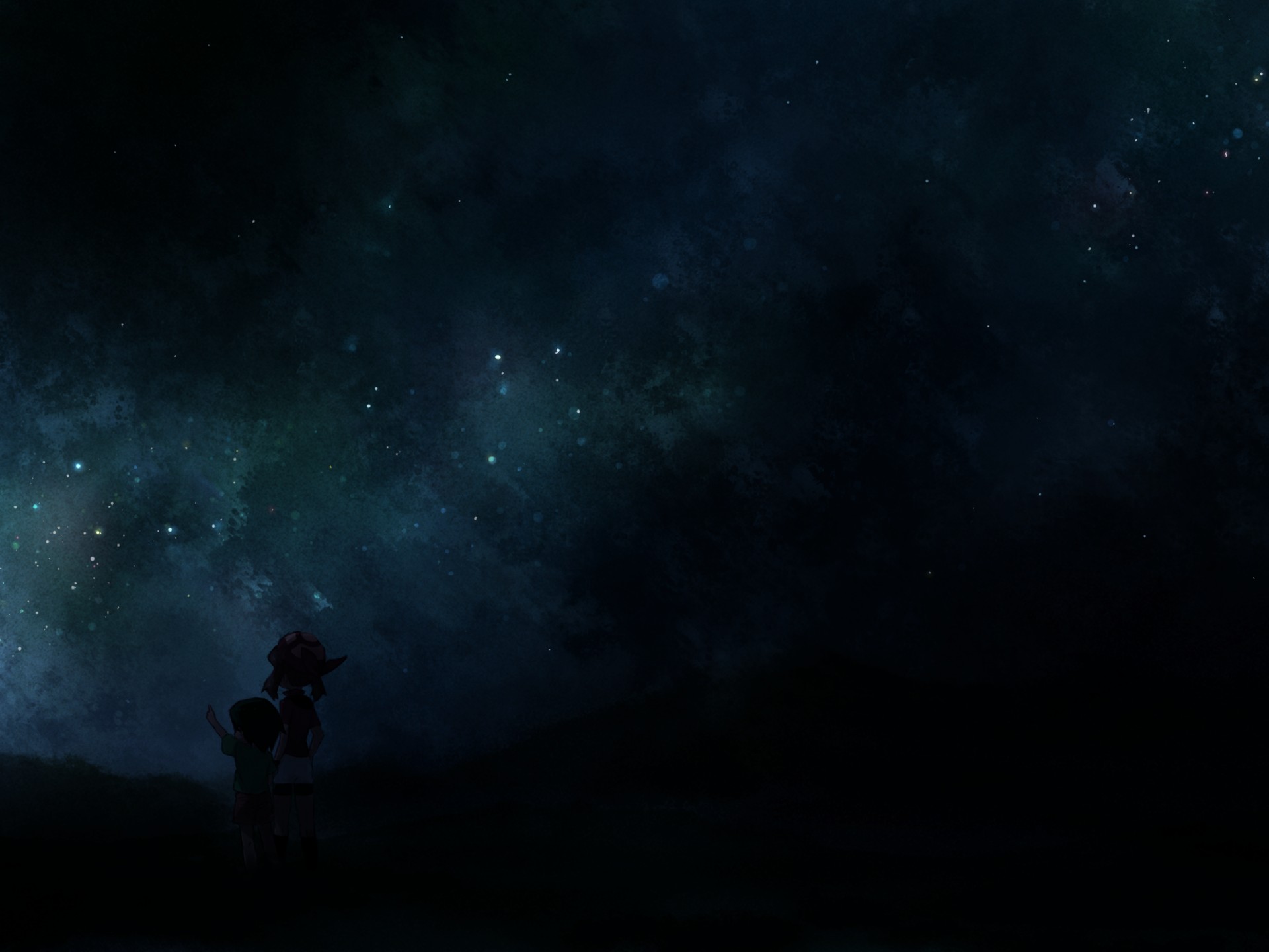 Anime characters May and Max under a starry night sky wallpaper.