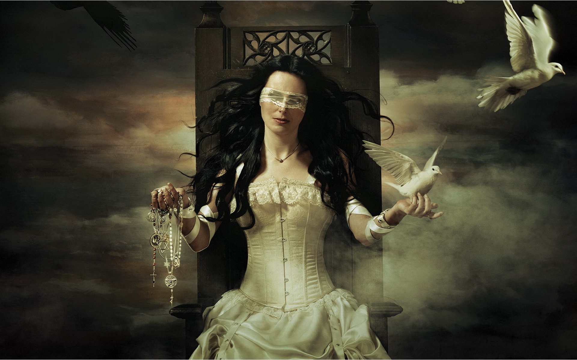 Dark gothic wallpaper featuring a blindfolded Sharon den Adel, with a dove, associated with Within Temptation music